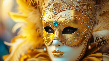 A person in a gold decorated mask is looking at the camera - obrazy, fototapety, plakaty