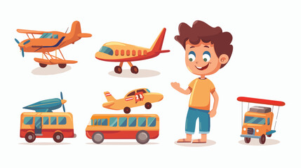 Cartoon little boy playing bus and airplane toys flat