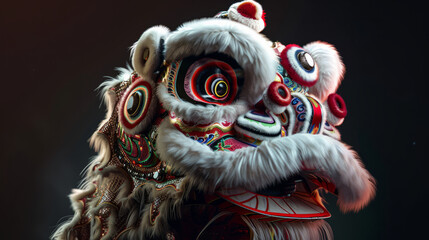 A high-resolution close-up showcasing the textures and intricate designs of a Chinese lion dance costume used in traditional performances