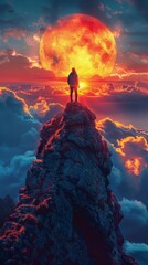 Man Standing on Mountain, Watching Sunset