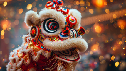A brilliantly lit traditional lion dance costume stands out against a warm, bokeh light background, exuding the festive spirit of the cultural event - obrazy, fototapety, plakaty
