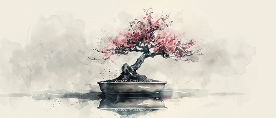 Vector watercolor bonsai, crafted in the Japanese sumie technique, serene artistry and minimalism , high resolution DSLR, 8K, high detailed, super detailed , ultra HD, 8K resolution , up32K HD - obrazy, fototapety, plakaty