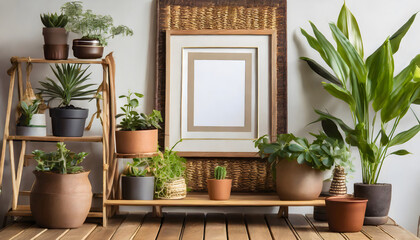 Scandinavian room interior with mock up photo frame on the brown bamboo shelf with beautiful....