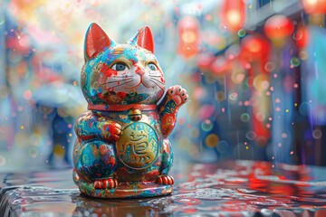 Vibrant watercolor Maneki Neko, lucky and playful cat figures, dancing colors of fortune , high resolution DSLR, 8K, high detailed, super detailed , ultra HD, 8K resolution , up32K HD - obrazy, fototapety, plakaty