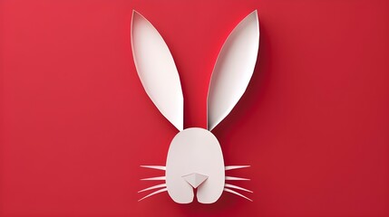 Happy Easter greeting card. White paper cut Easter Bunny isolated on a red background, vector illustration ai generated 
