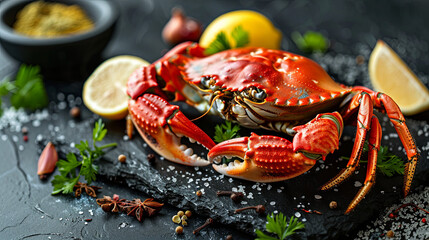 Big crab with spices and lemon on the black background, seafood concept 