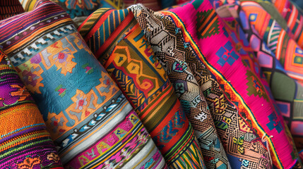 This close-up showcases a rich tapestry of detailed ethnic patterns intricately woven into vibrant fabrics for sale