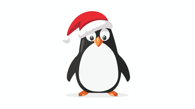 cartoon penguin in santa hat flat vector isolated on white