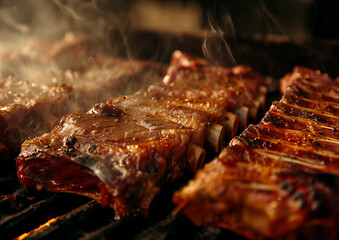 Capturing the essence: chinese-style barbecue, close-up of grilled meat, bathed in warm hues, photography