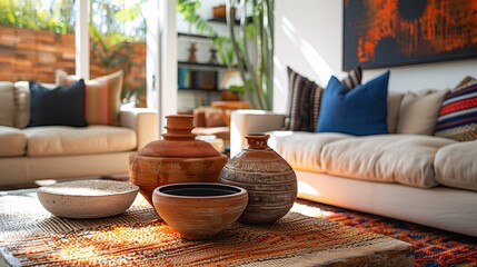 Stylish Living Room with Handcrafted Pottery Decor