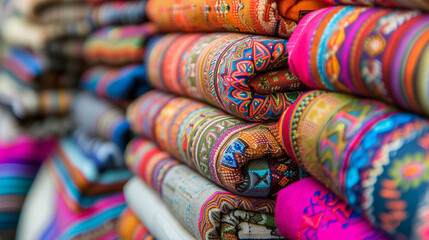 Focused display of several rolls of ethnic textiles, each featuring colorful and complex patterns with cultural significance