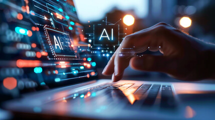 hand on laptop keyboard, AI technology concept, AI on screens 