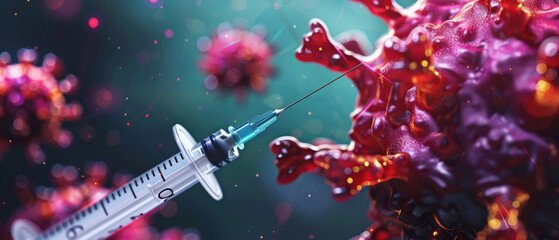 A symbolic portrayal captures the moment a needle syringe penetrates a virus, illustrating the proactive stance in medical interventions against infectious diseases. - obrazy, fototapety, plakaty