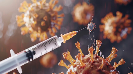 A syringe pierces through the protective barrier of a virus, symbolizing the targeted intervention in medical treatments against infectious diseases.
