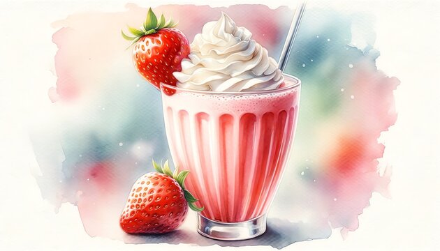 Watercolor Painting of a Strawberry Milkshake