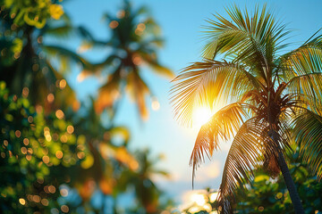 Fototapeta na wymiar Blurred tropical palm trees against blue sky, natural background.