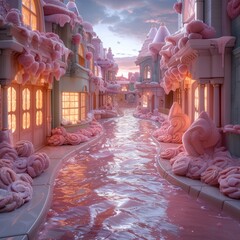 Frosting flood washing away the streets of a candy city