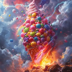 Colorful fantasy candy storm with rainbow lightning