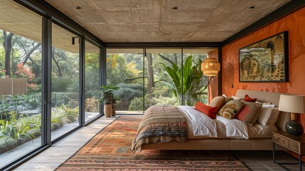 Modern Bedroom with Large Windows and Nature View