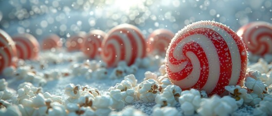 Candy apple avalanche rolling down a hill of popcorn snow