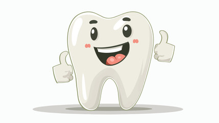 Cartoon tooth giving thumbs up flat vector isolated on
