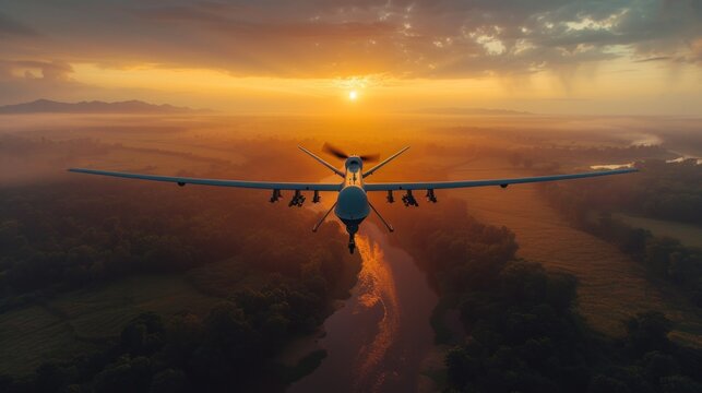 Military Transport Aircraft Flying Over a Scenic River at Dusk