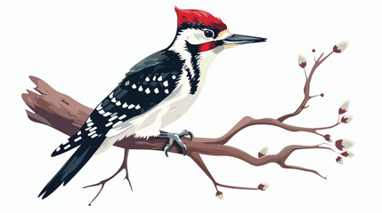 Cartoon woodpecker on a tree flat vector isolated on white - obrazy, fototapety, plakaty