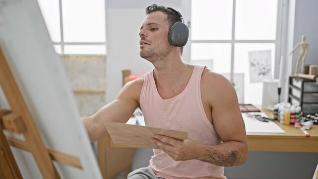 Focused man with headphones painting in a bright art studio