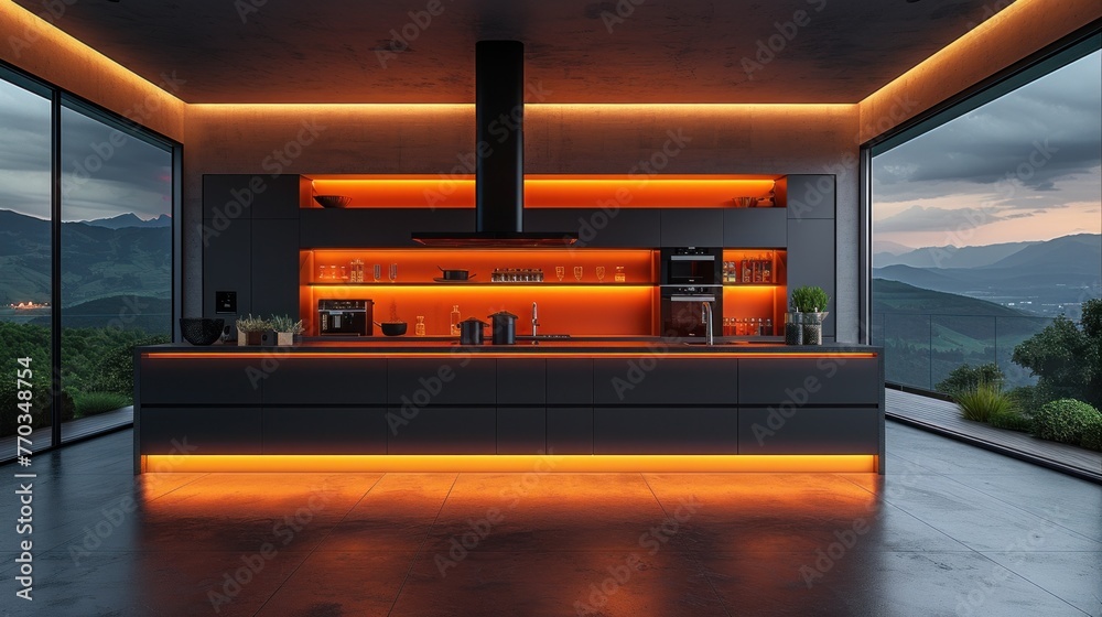 Poster Sleek Modern Kitchen With Illuminated Countertop and Mountain View