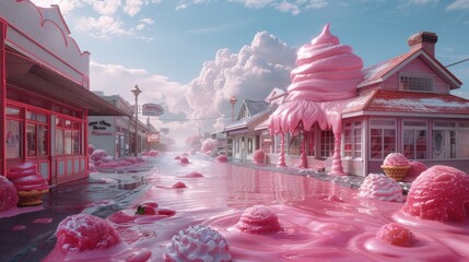 Flood of strawberry milkshake submerging a town of waffle houses - obrazy, fototapety, plakaty
