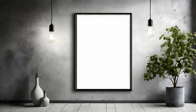 White blank poster with frame mock-up on grey wall. Generative AI.