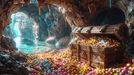 Enchanted sweet treasure chest hidden in a candy cave