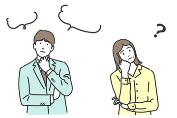 迷う、考える、悩む、疑問に思う男女、人物のベクターイラストセット　白バック、背景なし、コピースペース