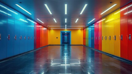 Colorful School Lockers in Sunlit Hallway