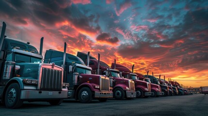 Semi Trucks Lined Up at Sunset on a Paved Lot