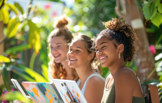 Three happy young women having fun painting at an outdoor art class in the garden of their community, summer time