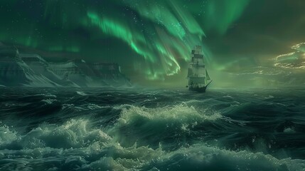 Auroras luminescent caress over a sailboat at sea where glowing waves lap against the hull guiding the way - obrazy, fototapety, plakaty