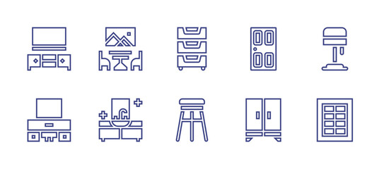 Home furniture line icon set. Editable stroke. Vector illustration. Containing closet, drawer, stool, door, tv table, floor lamp, living room, dressing table, window, sink.