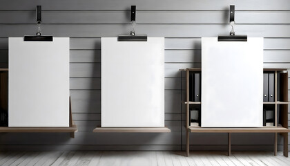 White blank posters hanging on binders. A4 paper page, sheet on wall. Vector mockup. Generative AI.