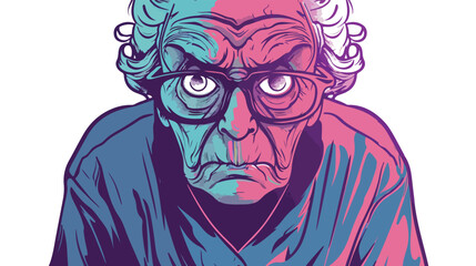 cold gradient line drawing of a cartoon angry old woman