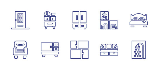 Home furniture line icon set. Editable stroke. Vector illustration. Containing furniture, cabinet, cupboard, divan, storage, bed, shower, door, nightstand, armchair.