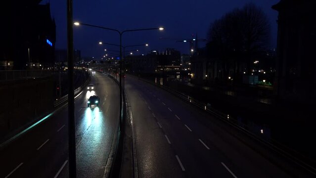 Stockholm, Sweden A night view of traffic on the Centralbron bridge in downtown. 