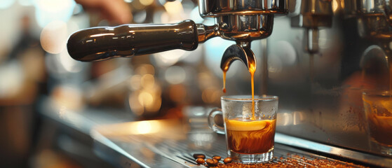 Hand pulling espresso shot, golden crema, coffee perfection