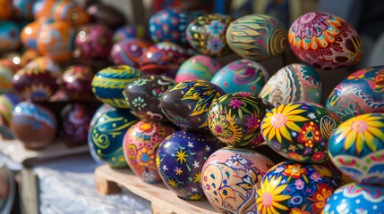 Fototapeta premium A vibrant array of traditionally decorated Easter eggs showcasing folk art and craftsmanship