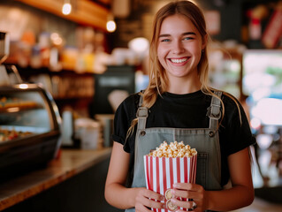 Friendly cinema employee with a warm smile offering popcorn at a movie theater concession stand.
