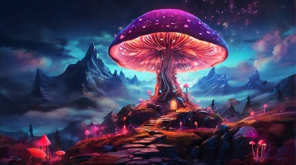 Image of a giant mushroom house on a hilly plateau, bright colors, neon tones - obrazy, fototapety, plakaty