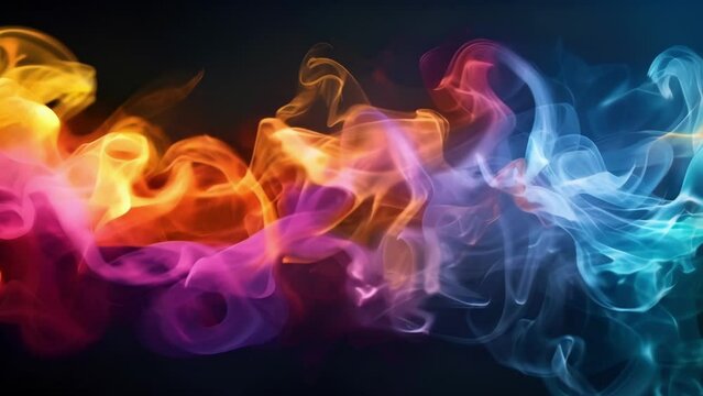 Swaths of vibrant smoke swirl and curl in an enchanting display against the black background.