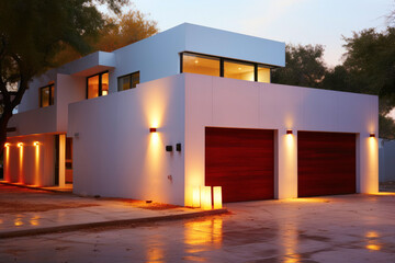 Spacious and modern garage with automatic lifting gates designed to accommodate two cars in a luxurious mansion. The sleek and elegant design adds a touch of extravagance to this architectural marvel. - obrazy, fototapety, plakaty