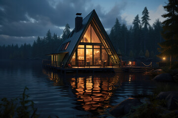 Scenic view of a charming finnish-style house nestled on the shore of a tranquil lake during the enchanting evening sunset, creating a picturesque and serene atmosphere.