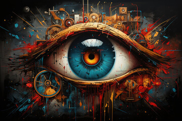 Abstract digital illustration representing a new world order with a dominant eye at the center, symbolizing surveillance, control, and authority in a shifting global paradigm. - obrazy, fototapety, plakaty